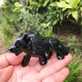 10 CM Naravnih Obsidian Black Wolf Kristalno Živali Carving Obrti Močne Živali Dekorativne Okraske za Rojstni dan 1pcs