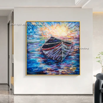 100% Ročno Modro Sonce Platno Slikarstvo Sodobne Ocean Ladje Umetnine, Slike Debele Olje Wall Art Okras Za Notranje Zadeve