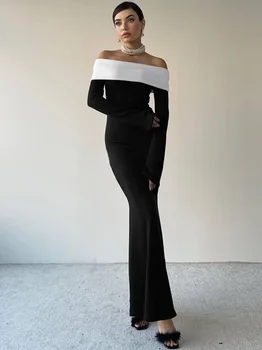 2023 Jeseni, Pozimi Elegantno Off Ramenski Poševnica Vratu Večerne Obleke Ženske Črno Bel Mozaik Bodycon Tunics Dolgo Stranka Obleko