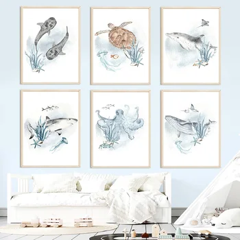 Akvarel Kit Morski Pes Dolphin Hobotnica Vrtec Nordijska Plakatov In Fotografij Wall Art Platno Slikarstvo Stenske Slike Otrok Soba Dekor