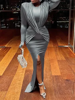 Bangniweigou Jeseni/Pozimi Moda Dolg Rokav Slim Fit Split Design Maxi obleke za Ženske Križ Ruched Elegantna Dama Stranke Robe