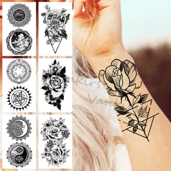 Black Rose Cvet Začasne Tetovaže Za Ženske, Dekleta Realne Mandala Dahlia Ponaredek Tattoo Nalepke Indija Roko Telo Tatoos Ustvarjalne