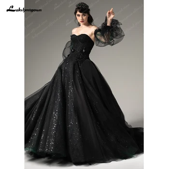 Gothic Črno Poročno Obleke s Snemljivo Zabuhle Rokavi Vestidos De Gala Čipke Žogo Obleke Prom Obleke A-Line Kapela Vlak