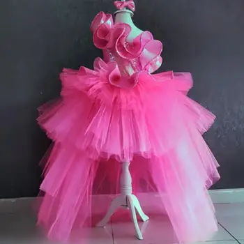 Hot Pink Girl Dolgim Repom Obleko Dekleta Stranka Obleko Photoshoot Baby Obleko Visoka Nizka Princesa Pageant Obleko Malček Rojstni Dan Oblek