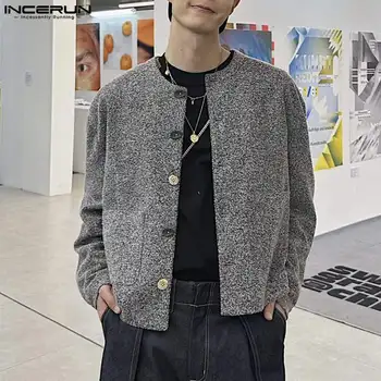 INCERUN Vrhovi 2023 korejskem Slogu Čeden Moški Retro O-vratu Črno Siva Gumb Obleko Coats Priložnostne Preprost Dolgo Oplaščeni Jopič S-5XL