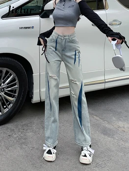 Jielur Vintage Oprana Luknje Ženske Jeans Nov Modni Urok Barve Slim Kavbojke Straight Ženske korejski Traper Hlače Svetlo Modra S-XL