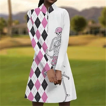 Kariran ženski Tenis Golf Obleko Dihanje Quick Dry Vlago Wicking Dolg Rokav Obleka Obleka Oblačila Zadrga Strani Žepi