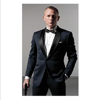 Klasični Slog, Temno Modra Tuxedos Zgleduje Po Moških Obleko Nosi V James Bond Poročno Obleko Za Moške Ženina Suknjič Hlače Lok Črna