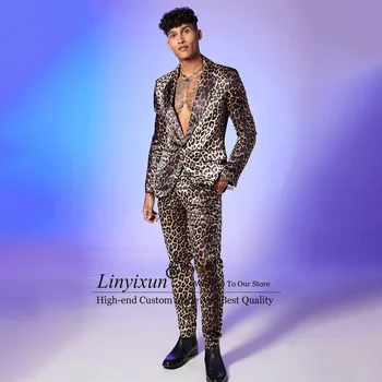 Leopard natisniti moda Poroka Obleke Za Moške Zarezo River Ženina Tuxedos 2 Kosa Ženin Maturantski Jopič Slim trajes de hombre