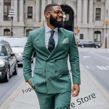 Lep Green Poroka Obleke Za Moške Slim Fit Dvojno Zapenjanje Ženina Tuxedos Formalno 2 Kosa Določa Trajes Elegante Par Hombre
