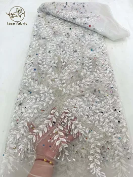 Luksuzni Večerne Obleke Bele 2023 Visoke Kakovosti Vezenje Francoski Čipke Tkanine Afriške Bleščica Beaded Kamni Čipke Tkanine Za Šivanje