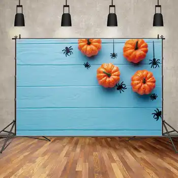 LUNA.QG Halloween Ozadje Modro Leseno Desko Buče Spider Web Ozadju Otrok Stranka Photo Booth Lesa Plank Steno Rekviziti
