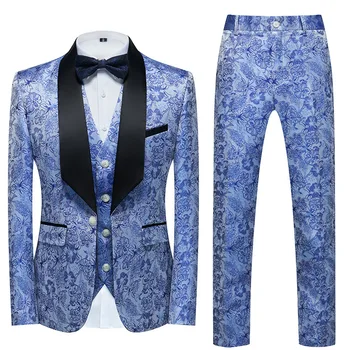 Modra Jacquardske Jopičem Obleke za Moške 3 Kos Obleko Cvetlični Vzorec Jopič Jopič Waistcoat Hlače Nastavite Stranko Poroko Kostum Homme 5XL