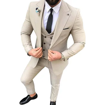 Moške Obleke 3 Kos Slim Fit Priložnostne Groomsmen Poročno Obleko Vrha River Poslovnih Tuxedos za Formalno Poroko (Blazer+Hlače+Telovnik)