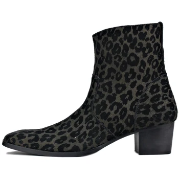 Moški Chelsea Gleženj Škornji Pravega Konja Usnje Konjske žime Leopard Škorenj s Strani Zadrgo Pete Škornji oblikovalec obutve Divje Črna
