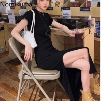 Nomikuma Obleke za Ženske 2023 Poletje Split Robom Slim Naguban Vestidos Par Mujer Elegantno Vintage Moda Seksi Dolge Obleke
