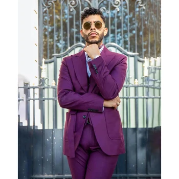 Nov Modni Purple Moških Poročno Obleko, Ženin Večerja Podjetje Večer Komplet Rojstni dan Oblačila (Jakna+Telovnik+Hlače) trajes de hombre