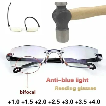 Novi Moški Ženske Rimless Obravnavi Očala Proti Modra Svetloba Bifocal Daleč V Bližini Povečava Očala Presbyopic Očala +0 4.0