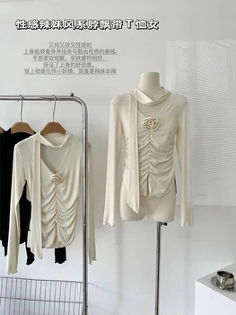 Poletje Elegantna Korejski T-Shirt Y2k Luksuzni Priložnostne Tees Moda Dolgimi Rokavi, V-Izrez Slim Top Plima Oblačila Draped Udobno Oblikovanje Ulične