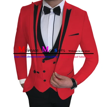 Poročne Obleke Za Moške 3 Kosov (Suknjič+Hlače+Telovnik) Klasična Rdeča Moških Obleko Slim Fit Nevesta Nositi Jopičem Moški Jopič Določa Traje Hombre