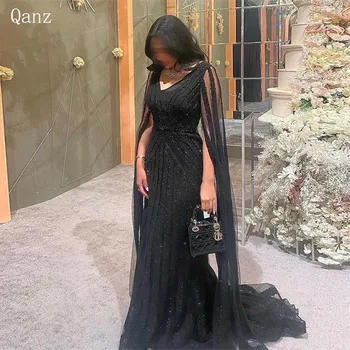 Qanz Black Luxury Arabski Večerne Obleke Za Ženske, Til Sequined Beaded Skp Rokavi Dolgo Formalne Priložnosti Abendkleider Dubaj