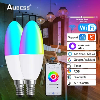 TUYA Smart WiFi E14 RGB LED Žarnice Evropske Žarnic Alexa Lučka googlova Domača stran Yandex Alice 100-240V Zatemniti Čarobno Žarnice