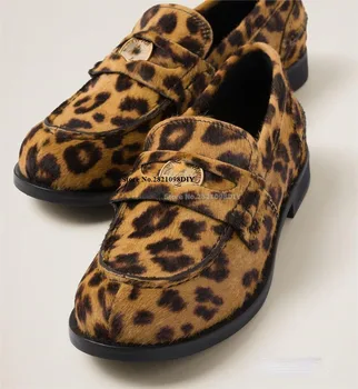 Usnje Leopard Tiskanja Horce Lase Zlato Sponke Loafers Moških Zdrsne Na Krog Toe Platforma Sapatilhas Priložnostne Čevlji Zapatillas Hombre