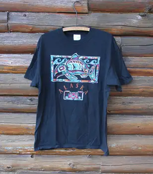 Vintage Alaska Native Umetnosti Kita Rib Nosi Črno T-shirt Odraslih