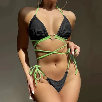 Ženska Povodcem Bikini Komplet Z Vrvico za zapiranje Očesa-pokrov-ups, Kopalke, Kopalne Obleke, Kopalke Kovine v obliki Srca Sponke Bikini