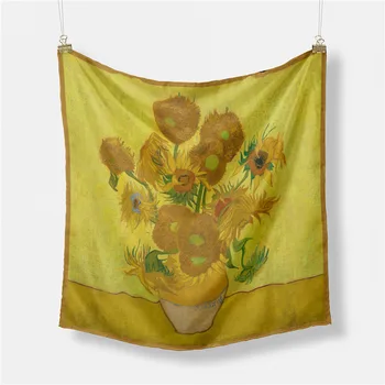 53 cm Van Gogh Oljno sliko Sončnic Keper 100% Svile Šal Ženske Kvadratnih Rute Šali Foulard Ruta Lase Šal