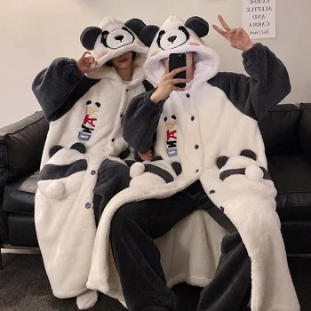 Kawaii Panda Zimske Ženske Sleepwear Moške Pižame Oblačilih, Zgostitev Toplo Plišastih Nightgown Runo Svoboden Ljubitelje Hooded Mehko Pijama