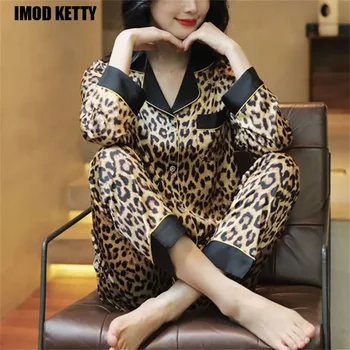 Leopard Natisniti Pižamo Nastavite Pomlad Loungewear Doma Obleko Ženske Dveh Kosov Pjs Nastavite Saten Svila Sleepwear Pižame Z Dolgimi Rokavi Sopihanje