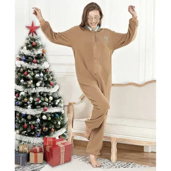 Medenjaki Pižamo Ženske Božični Kostum Mehko Toplo Dolg Rokav Gumb Navzdol Hooded Jumpsuit Sleepwear Romper Priložnostne Loungewear
