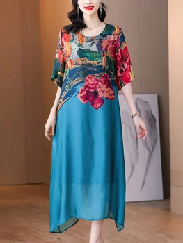 Moda Svetlobe Cvetlični Rajon Midi Obleka Ženske Korejski Elegantno Svoboden Pasu 2023 Letnik Luksuzni Elegantna Stranke Večer J192