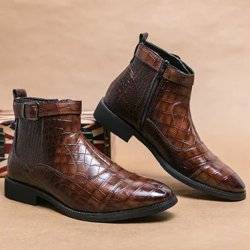Pomlad italijanska Znamka Moških je Chelsea škornji Jeseni Rjava Zip Gleženj Škornji Letnik Leopard print čevlji Usnjeni Priložnostne Čevlji Za Moške