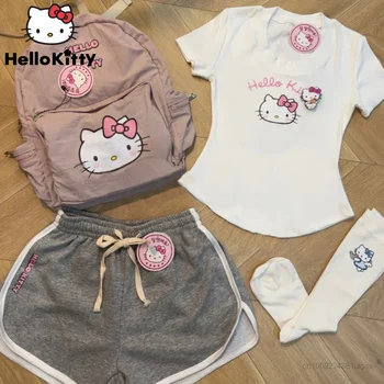 Sanrio Hello Kitty Oblačila Telovadnice Hlače Slim T-majice Ženske korejskem Slogu Srčkan Vrhovi Kratke Hlače Y2k Poletnih Oblačil Ujemanja Nizov