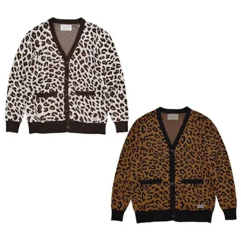 Visoke kakovosti 1:1 Leopard Tiskanja WACKO MARIA Gumb Jopico Sweater Moški Ženske Prevelik Tiger Jacquard