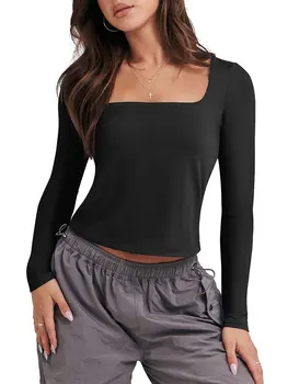 Ženske Osnovni Kvadratni Vratu Obreži Zgoraj Barva Y2K Dolg Rokav Opremljena T-Shirt Slim Fit Trendy Bo Iz Odrezana Bluzo